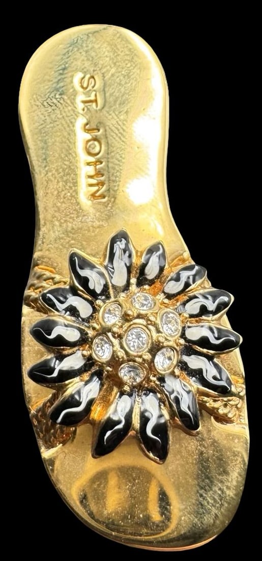 Unusual Vintage ST. JOHN Costume Jewelry Flower Sandal Brooch: Very good vintage condition with minor patina according to age. Measures approx. 2" long x 3/4" wide.