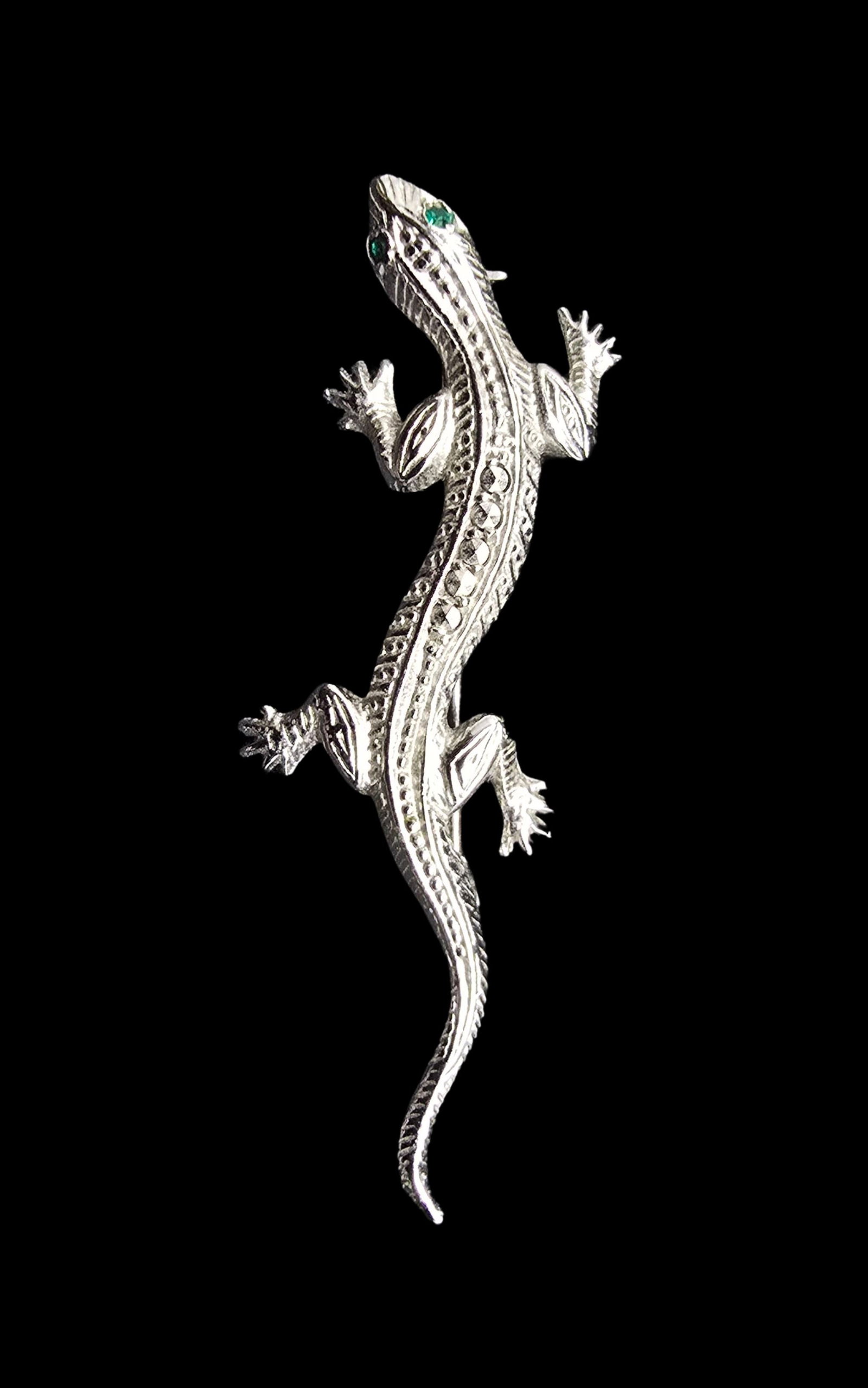 Gorgeous Ornate Vintage European 835 Silver, Marcasite & Green Gemstone Lizard Pin Brooch (1 of 2)