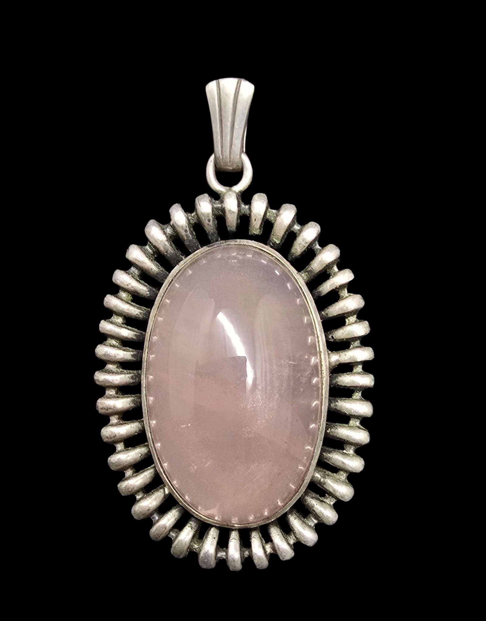 Beautiful Vintage Mid-Century Modern Brutalist European 800 Silver & Rose Quartz Designer Pendant: Very good vintage condition with minor patina according to age. Measures approx. 4 1/2" long x 1" wide and weighs ca. 10 grams. Marked for 800 Silver and carrying an unidentified designer mark.