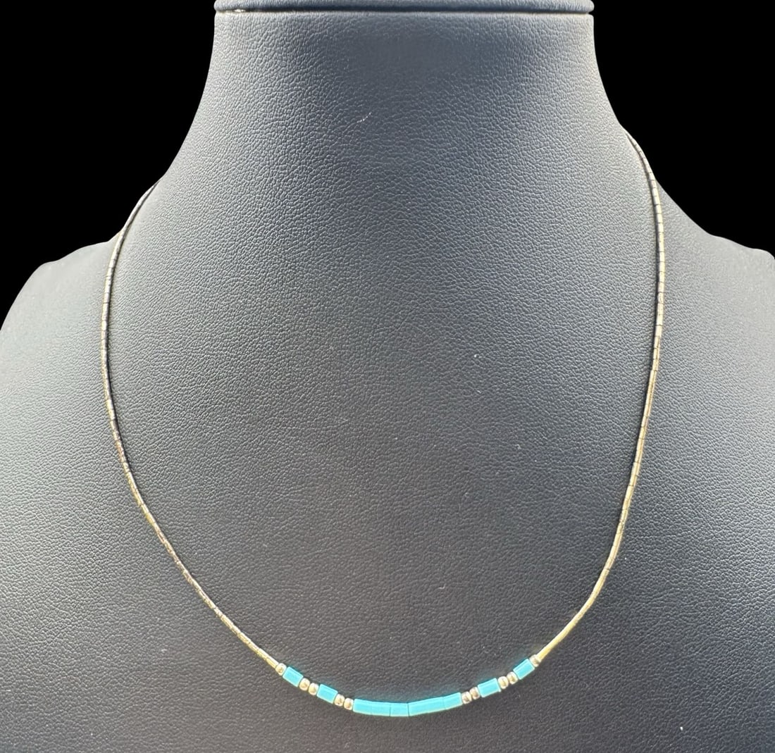 Vintage Sterling Silver & Turquoise Colored Beads Necklace: Very good vintage condition with minor patina according to age. Measures approx. 16 1/2" long x 1/8" wide and weighs ca. 2.4 grams. Marked for Sterling Silver..