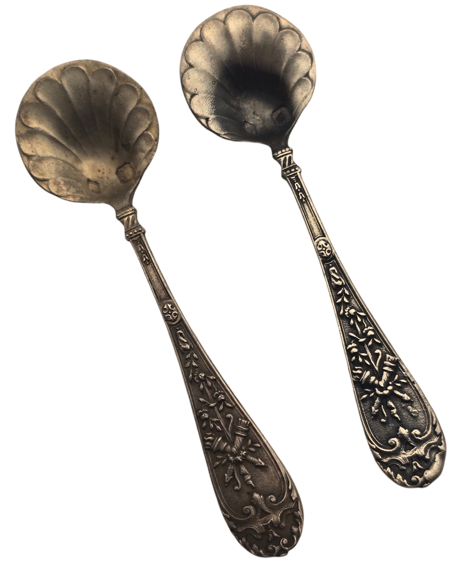 Pair of Ornate Antique French European 800 Silver Spoons: Each measures approx. 2 1/2" long and weighs ca. 4.7 grams. Very good vintage condition with minor wear and patina according to age. Marked.