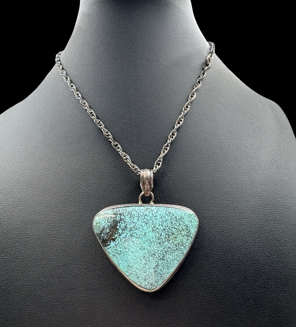 Large Vintage Sterling Silver Turquoise Pendant & European 800 Silver Chain: Very good antique condition with minor patina according to age. The pendant measures approx. 1 3/4" long x 1 7/8" wide and the entire piece weighs ca. 28.3 grams. The necklace is approx. 14" long. Mar
