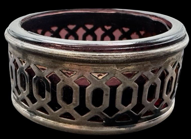 Ornate Vintage Sterling Silver & Amethyst Glass Salt Cellar: Very good antique condition with minor patina according to age. Measures approx. 1 3/4" high x 1 5/8" in diameter and weighs ca. 36.3 grams. Marked for Sterling Silver..