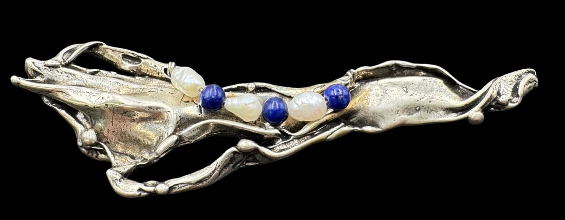Vintage MARY ELVYN Handmade Sterling Silver, Pearl & Gemstone Brooch: Very good vintage condition with minor patina according to age. Measures approx. 3 1/4" long x 1" wide and weighs ca. 14.8 grams. Marked for Sterling Silver..