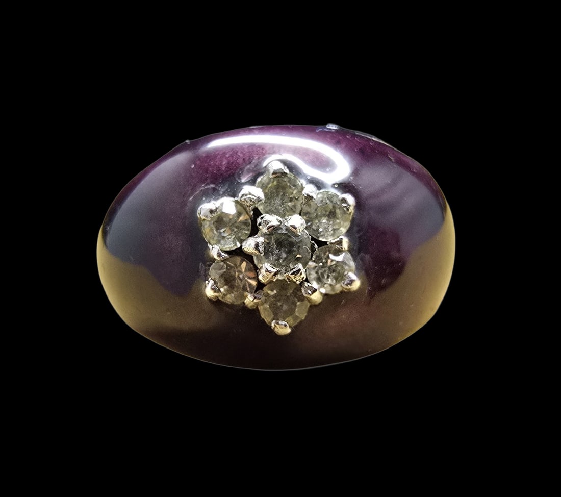 Unusual Vintage Sterling Silver, Purple Enamel & Clear Rhinestone Ring: Very good vintage condition with minor patina according to age. The ring is a size 6.5 and weighs ca. 3.5 grams. Marked for Sterling Silver.