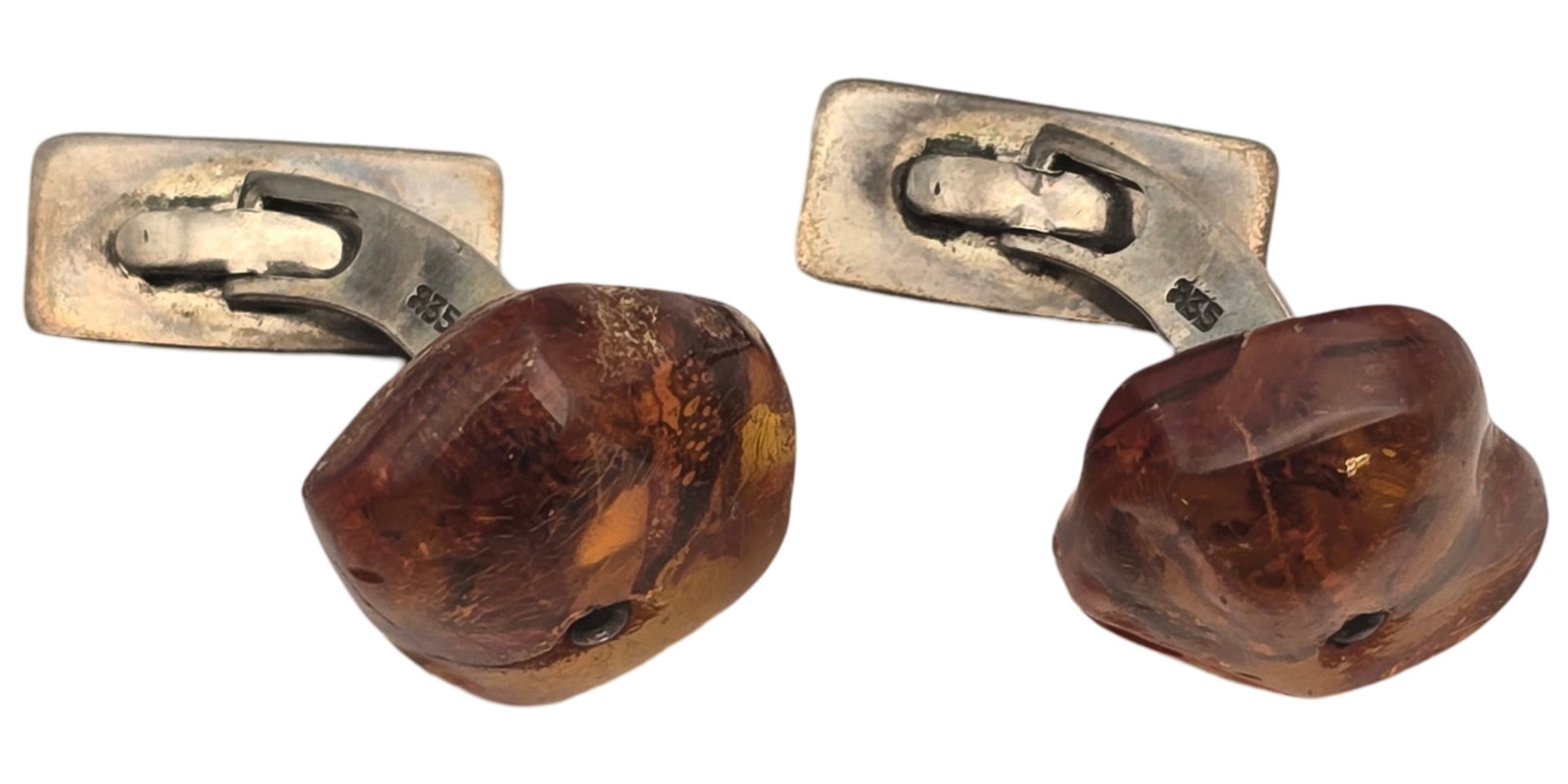 Vintage Mid-Century European 835 Silver & Baltic Amber Cufflinks: Each measures weighs ca. 4.9 grams. Very good vintage condition with minor wear and patina according to age. Marked for 835 (83.5%) silver.