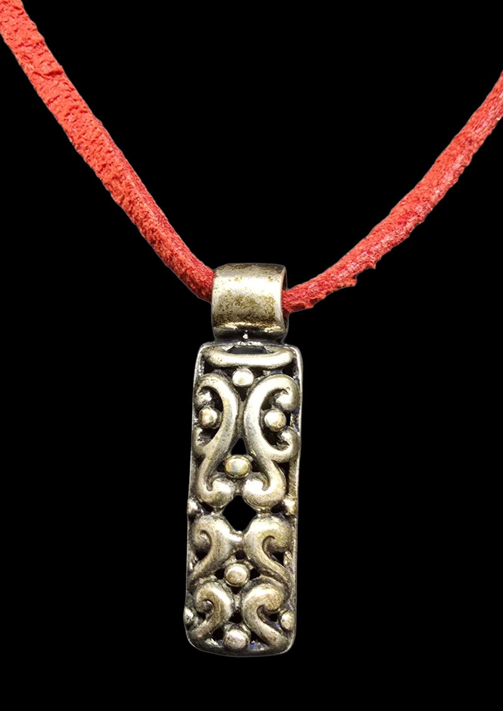 Amazing Ornate Vintage Sterling Silver Designer Pendant & Red Leather Strap Necklace: Very good antique condition with minor patina according to age. Measures approx. 20" long and weighs ca. 7 grams. Marked for Sterling Silver.