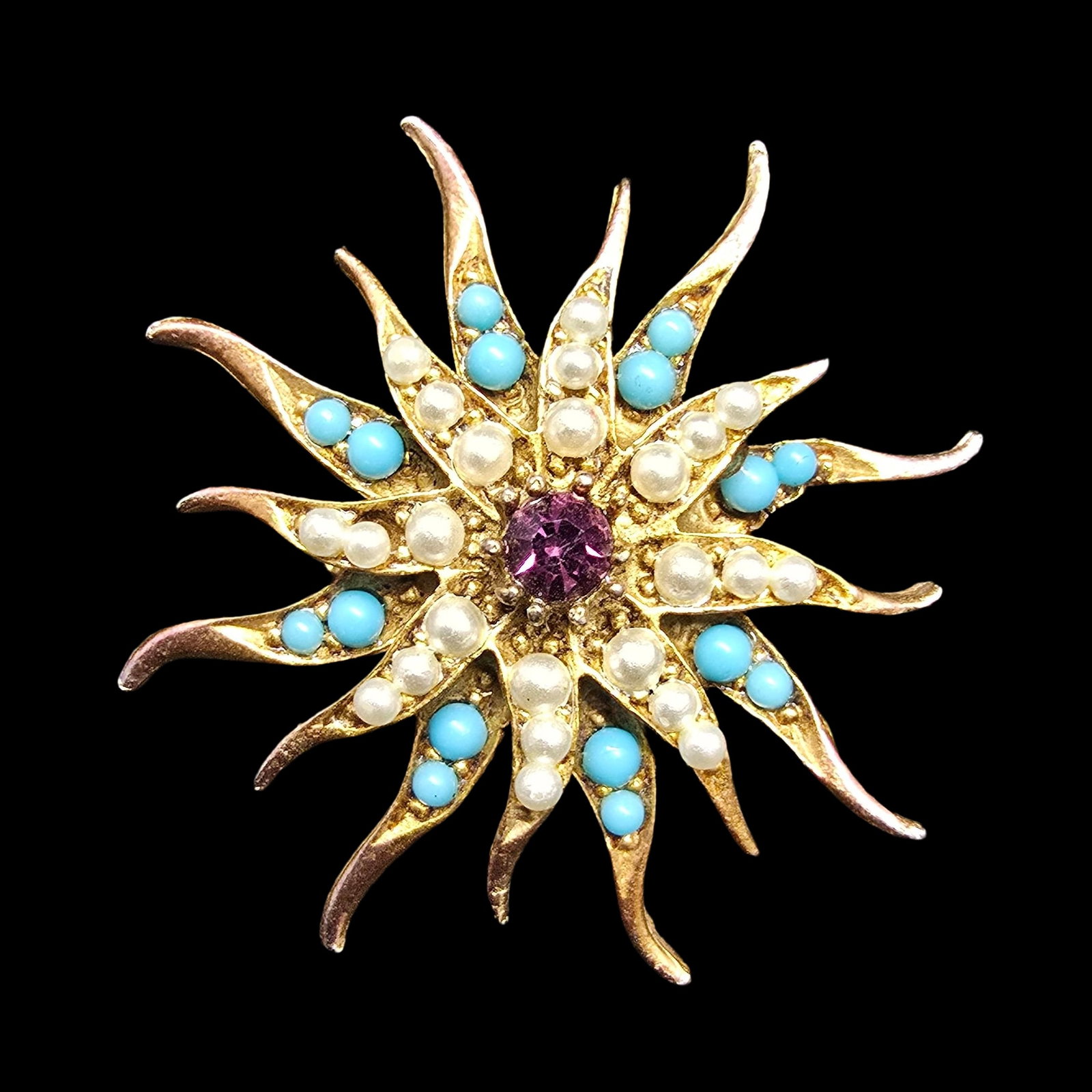 Stunning Ornate Antique Gold Filled & Gemstone Starburst Brooch: Very good antique condition with minor patina according to age. Measures approx. 2" wide and weighs ca. 7.5 grams.