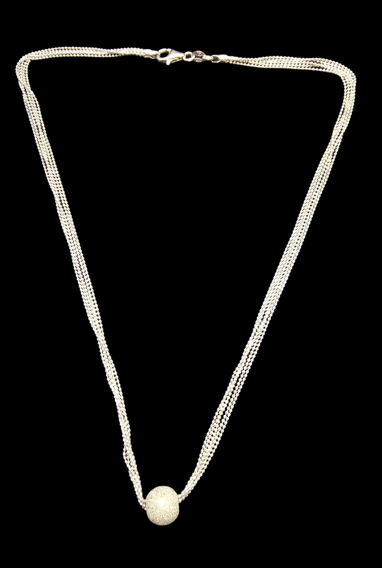 Stylish Vintage Sterling Silver 5-Stranded Beaded Necklace /w Ball Pendant: Very good vintage condition with minor patina according to age. Measures approx. 17" long and weighs ca. 8 grams. Marked for Sterling Silver.