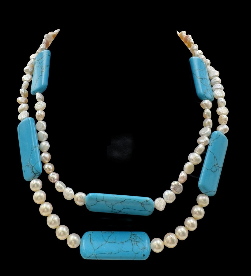 Beautiful Vintage Gilt Sterling Silver, Natural Pearl & Turquoise Gemstone Necklace: Very good vintage condition with minor patina according to age. Measures approx. 1 1/4" wide and weighs ca. 87 grams. The necklace is approx. 18" long. Marked for Sterling Silver..