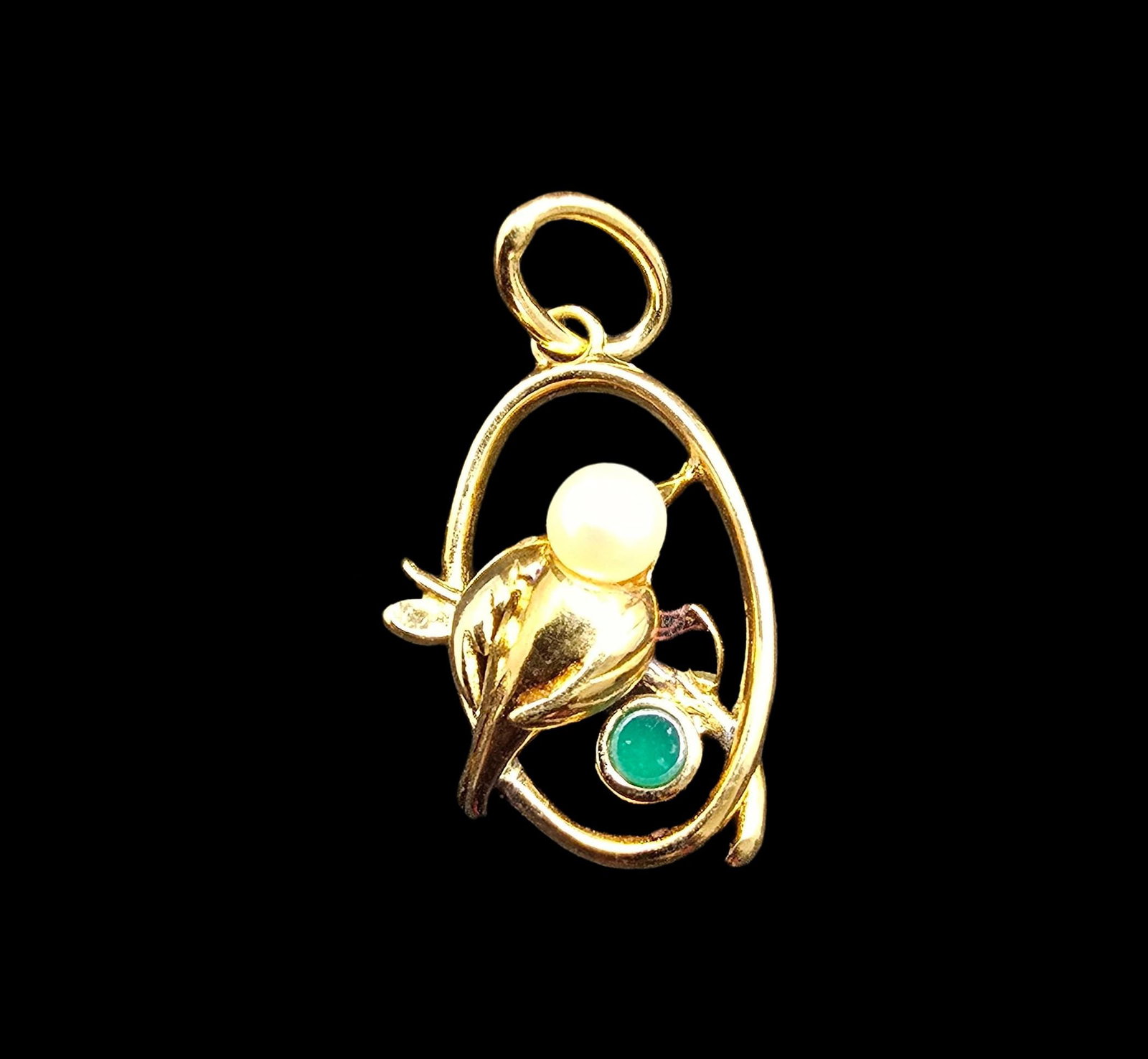 Beautiful Vintage Gilt Sterling Silver, White Pearl & Green Gemstone Pendant: Very good vintage condition with minor patina according to age. Measures approx. 1/2" wide and weighs ca. 1.5 grams. Marked for Sterling Silver.