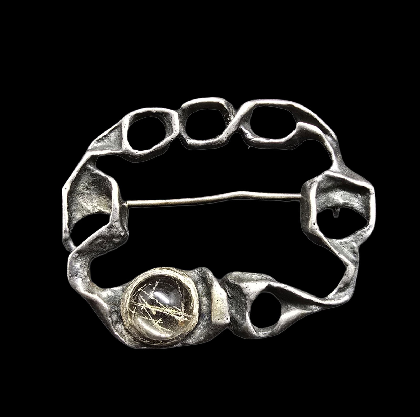 Gorgeous Ornate Vintage Mid-Century Modern Brutalist Sterling Silver & Gemstone Brooch: Very good vintage condition with minor patina according to age. Measures approx. 1 1/2" long and 2" wide and weighs ca. 14 grams. Marked for Sterling Silver.