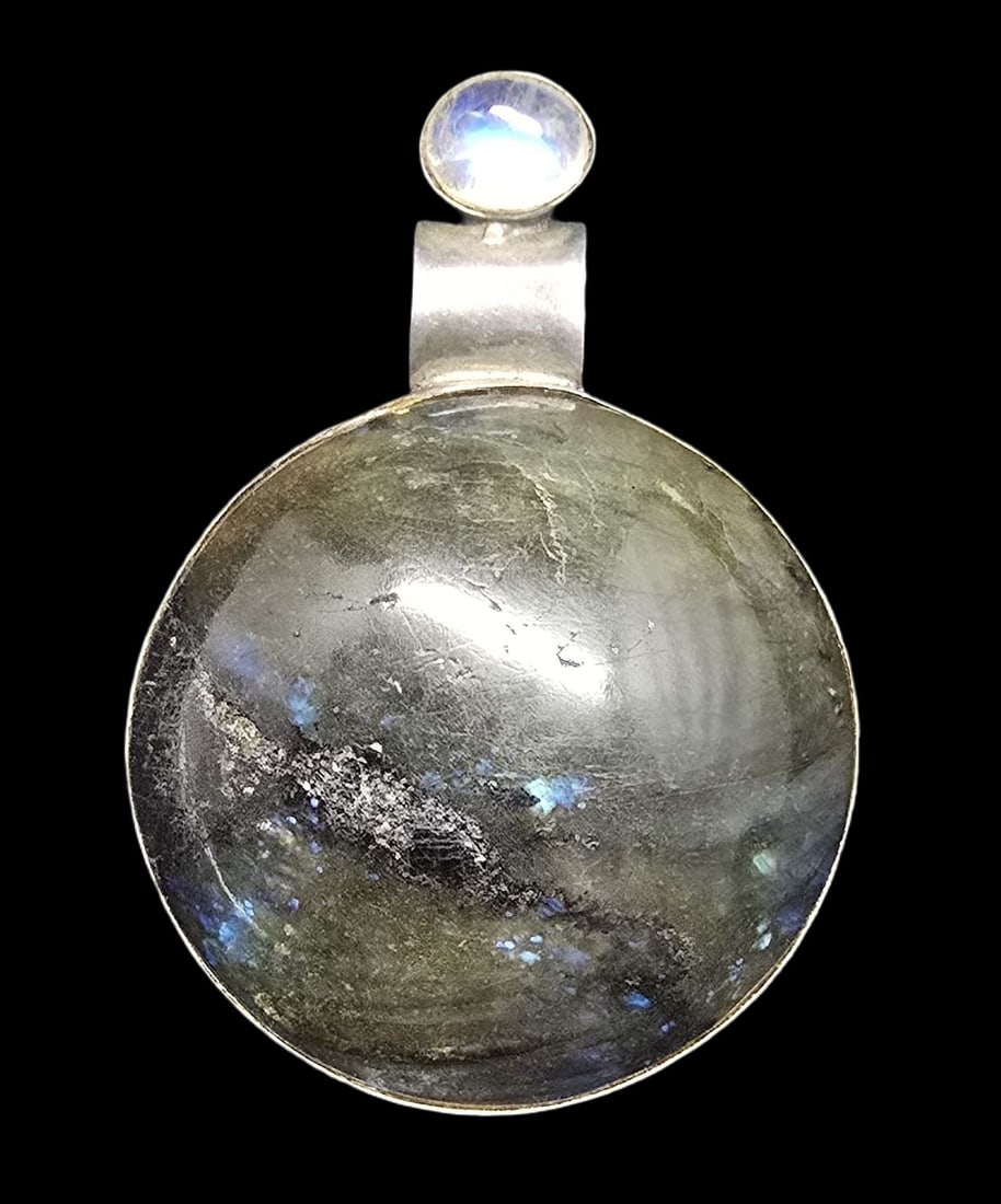Amazing Vintage Sterling Silver & Iridescent Gemstone Pendant Charm: Very good vintage condition with minor patina according to age. Measures approx. 1" wide and weighs ca. 19 grams. Marked for Sterling Silver.