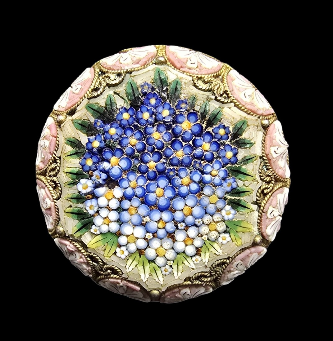 Unusual Antique Austrian Gilt 900 Silver Floral Micro Mosaic Pin Brooch (1 of 2)