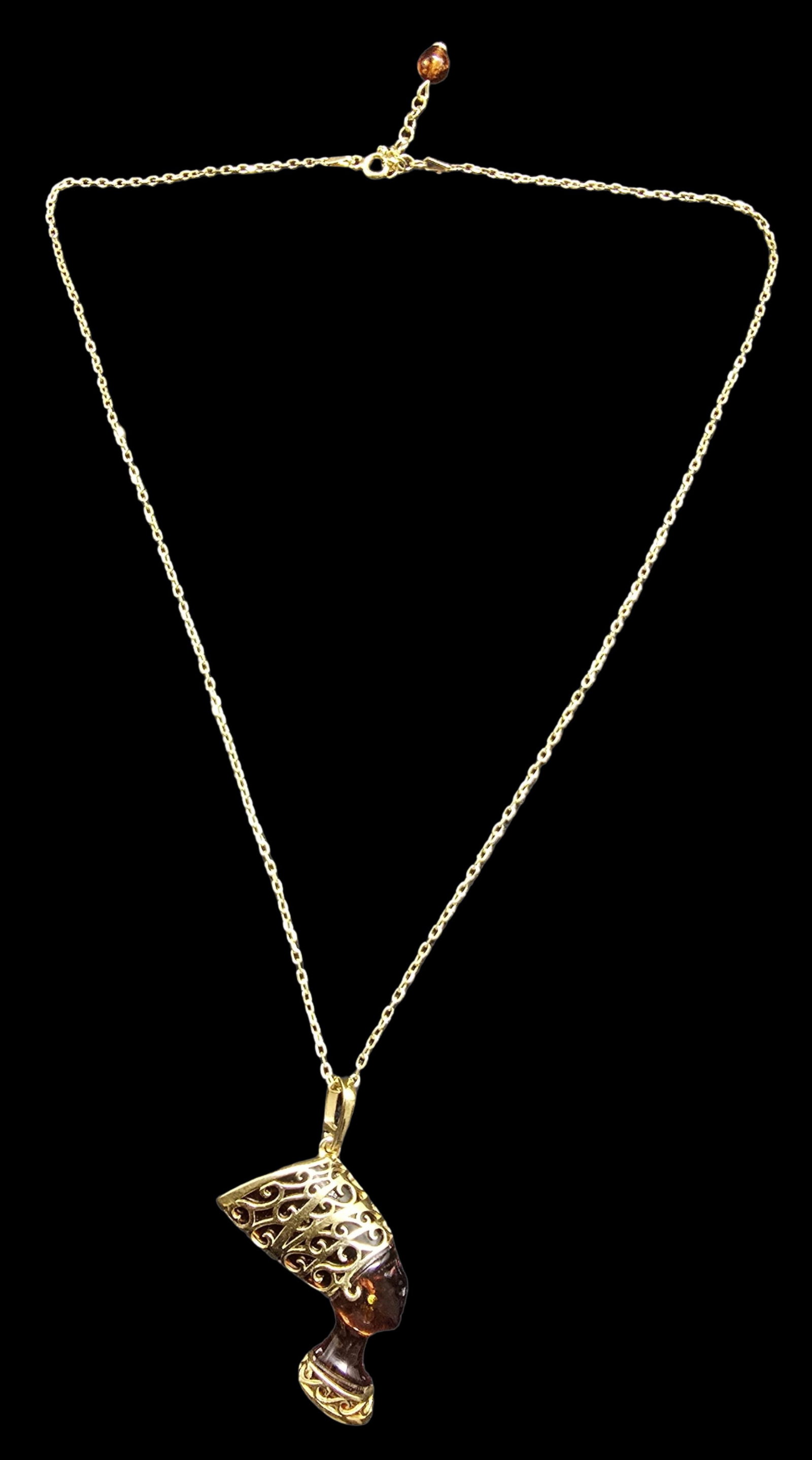 Very Unusual Vintage Gilt Sterling Silver & Amber Egyptian Queen Nefertiti Pendant Necklace (1 of 5)