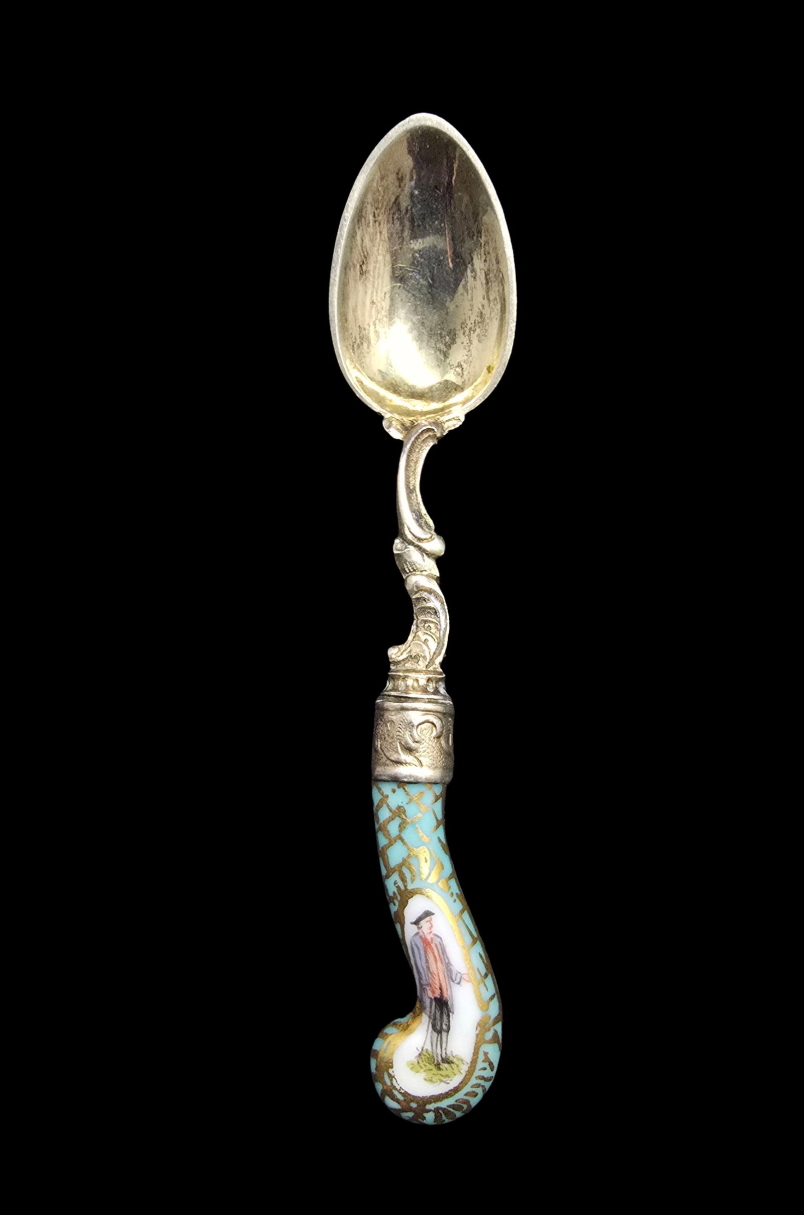 Rare Antique RICHARD GARTEN Germany 800 Silver & Hand Painted Porcelain Spoon: Very good vintage condition with minor patina according to age. Measures approx. 1" wide and weighs ca. 11 grams. Marked for 800 Silver.