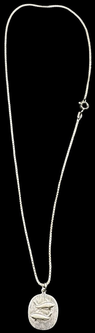Beautiful Vintage European 835 Silver Necklace & Zodiac Sign Pisces Fish Pendant: Very good vintage condition with minor patina according to age. Pendant measures approx. 1" long x 7/8" wide and total weight is ca. 4.8 grams. Necklace is approx. 16" long. Marked for 835 (83.5%) Sil