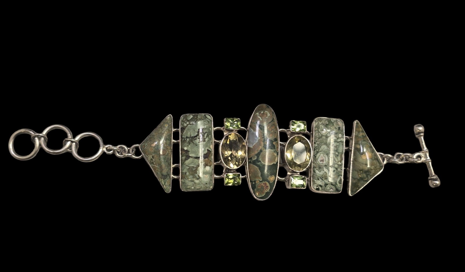 Massive Vintage CHARLES ALBERT Sterling Silver & Gemstone Bracelet: Very good vintage condition with minor patina and wear according to age. Measures approx. 7 1/2" long and weighs ca. 70.5 grams. Marked for Sterling Silver. and signed.