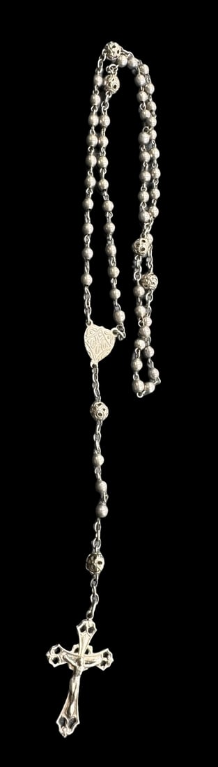 Rare Vintage ca. 1900s Christian Italian European 835 Silver Rosary & Crucifix: Very good vintage condition with minor patina according to age. Measures approx. 14" long and 7/8" wide and weighs ca. 14 grams. Marked for 835 Silver.