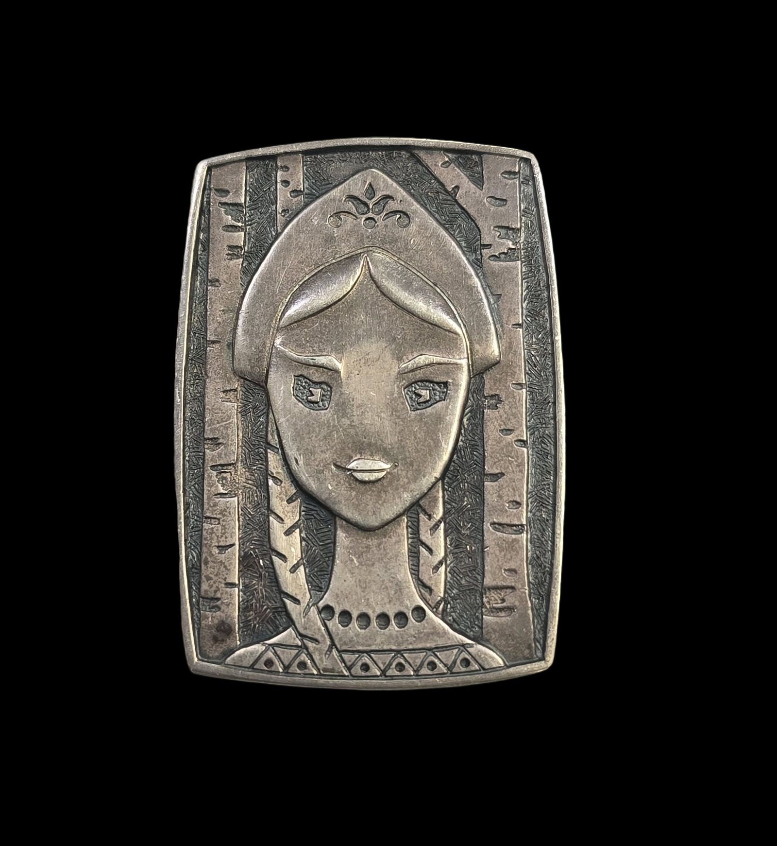 Unusual Vintage Russian 875 Silver "Maid in Birch Forest" Brooch: Unusual heavy 875 silver brooch of a young maiden in a birch forest; Russia, ca. 1965. Very good vintage condition with some patina and wear according to age. Measures approx. 1 1/2" high x 1" wide an
