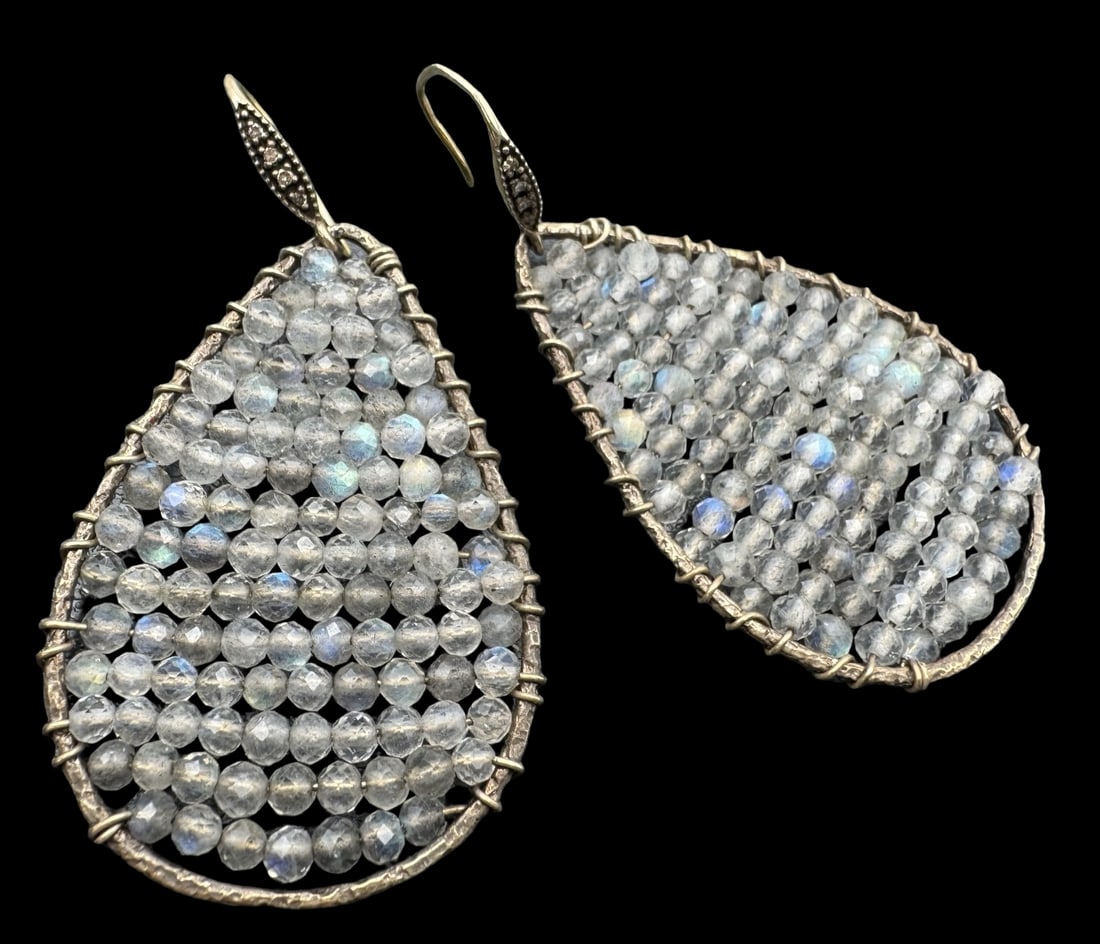 Unusual Vintage Gilt Sterling Silver & Moonstone Cluster Bead Earrings: Very good antique condition with minor patina according to age. Measures approx. 2 7/8" long x 1 1/4" wide and weighs ca. 12.9 grams. Marked for Sterling Silver..