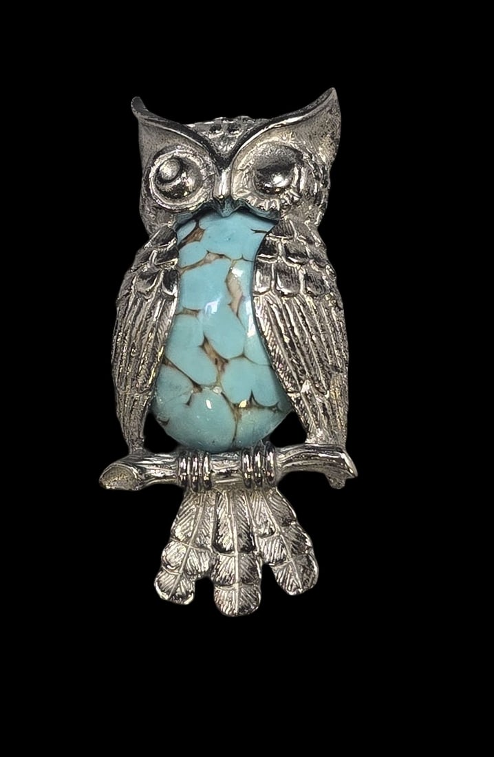 Vintage BEAU Sterling Silver & Art Glass Owl Brooch: Very good vintage condition with some patina and wear according to age. Measures approx. 2" high and weighs ca. 10 grams. Marked for Sterling Silver. and signed.