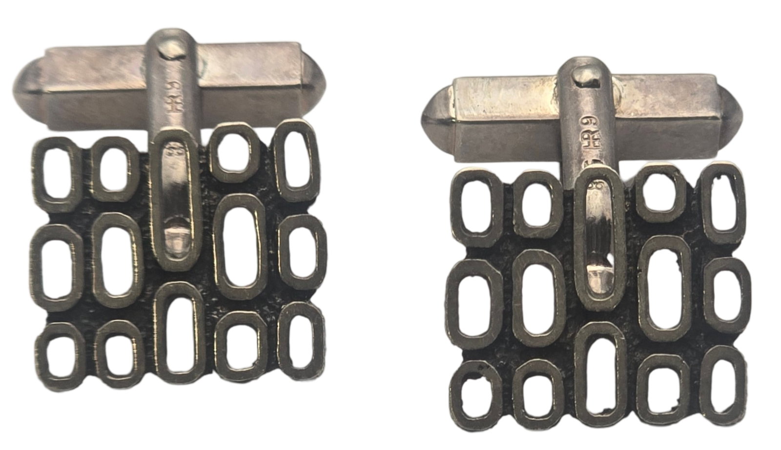 Vintage Mid-Century Modern Brutalist European 835 Silver Designer Cufflinks - Signed: Each measures approx. 3/4" long and weighs ca. 4.4 grams. Very good vintage condition with minor wear and patina according to age. Marked for 835 (83.5%) silver and carrying a designer mark.