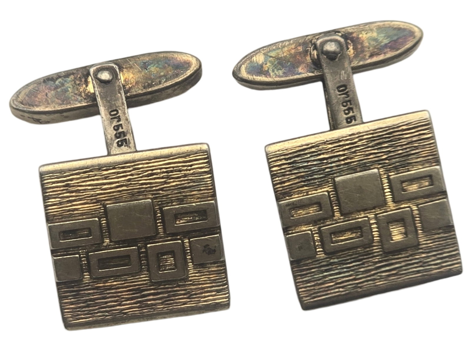 Vintage Mid-Century Modern Brutalist Gilt Sterling Silver Designer Cufflinks - Signed: Each measures approx. weighs ca. 5.7 grams. Very good vintage condition with minor wear and patina according to age. Marked for Sterling Silver. and signed.