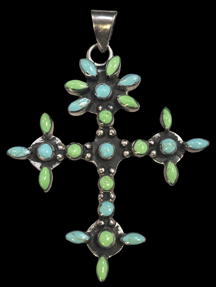 Unusual Vintage Mexican Sterling Silver & Gemstone Cross Pendant: Very good vintage condition with some patina and wear according to age. Measures approx. 3" high x 2" wide and weighs ca. 24.5 grams. Marked for Sterling Silver..