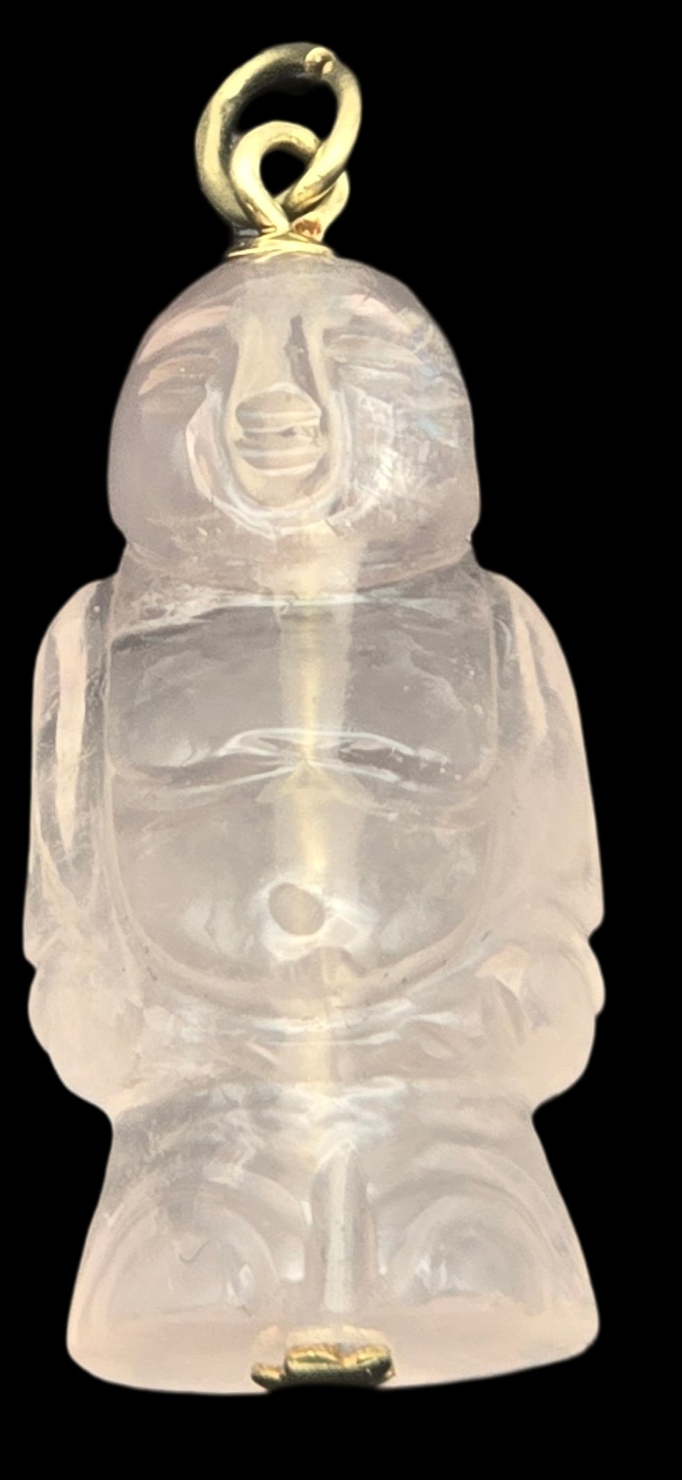 Vintage 14K Gold & Rose Quartz Laughing Buddha Pendant: Measures approx. weighs ca. 5.6 grams. Very good vintage condition with minor wear and patina according to age. Marked for 14K Gold.