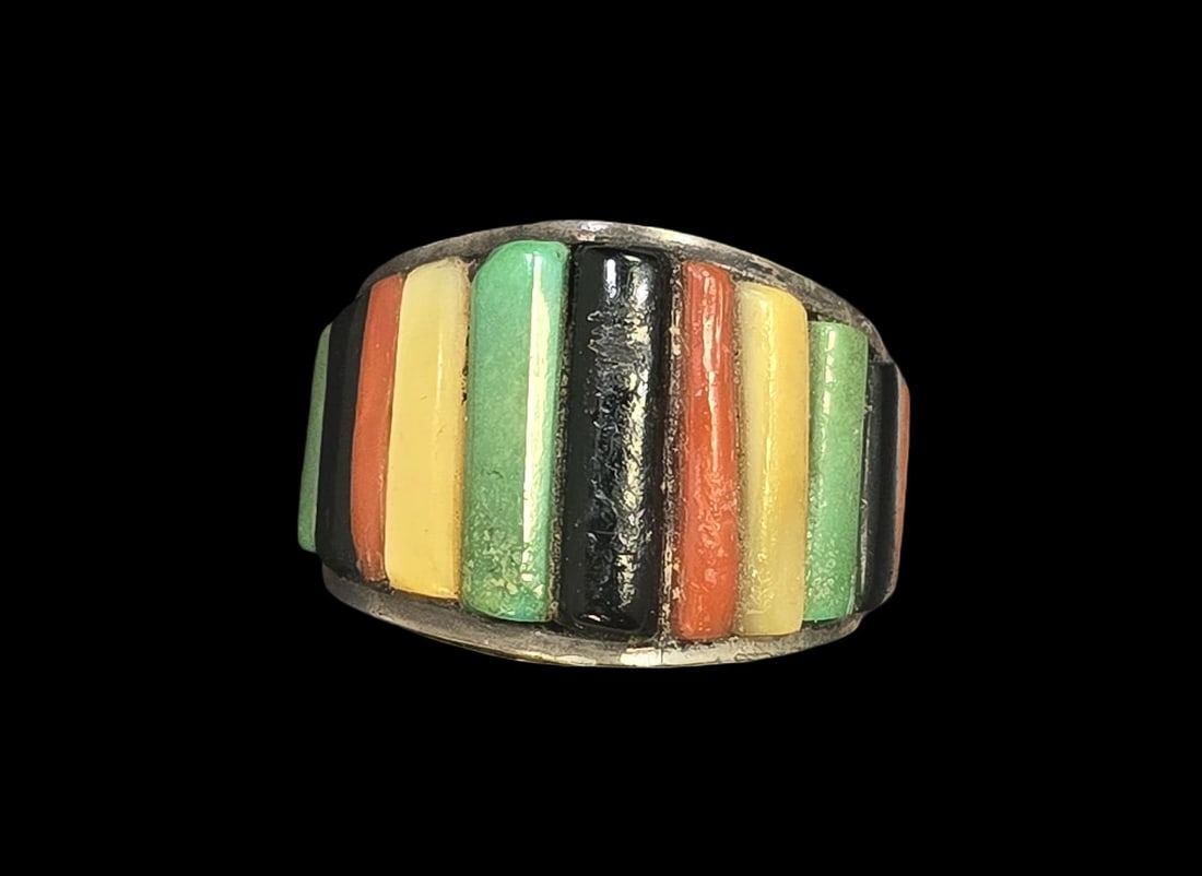 Vintage ELLA COWBOY Native American Navajo Sterling Silver & Gemstone Ring: Very good vintage condition with some patina and wear according to age. The ring is a size 12 and weighs ca. 8.5 grams. Tested for Sterling Silver and signed.