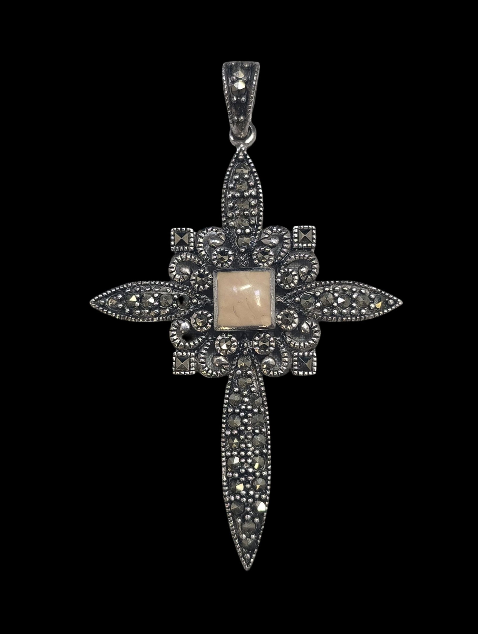 Unusual Vintage Sterling Silver & Gemstone Cross Pendant: Very good vintage condition with some patina and wear according to age. Measures approx. 3" high x 2" wide and weighs ca. 13 grams. Marked for Sterling Silver. and carrying an unidentified designer ma