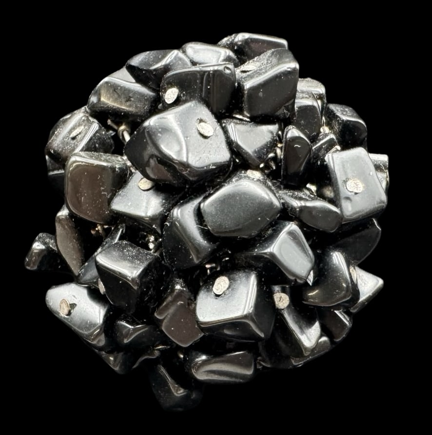 Unusual Large Vintage Sterling Silver & Black Onyx Cluster Ring: Very good vintage condition with minor patina according to age. Measures approx. 1 1/2" in diameter and weighs ca. 26.1 grams. Marked for Sterling Silver. & Designer Signed.