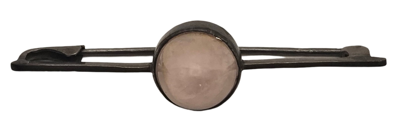 Vintage Mid-Century Modern European 800 Silver & Rose Quartz Bar Brooch: Measures approx. 2" wide and weighs ca. 3.1 grams. Very good vintage condition with minor wear and patina according to age. Tested for a minimum of 800 Silver.