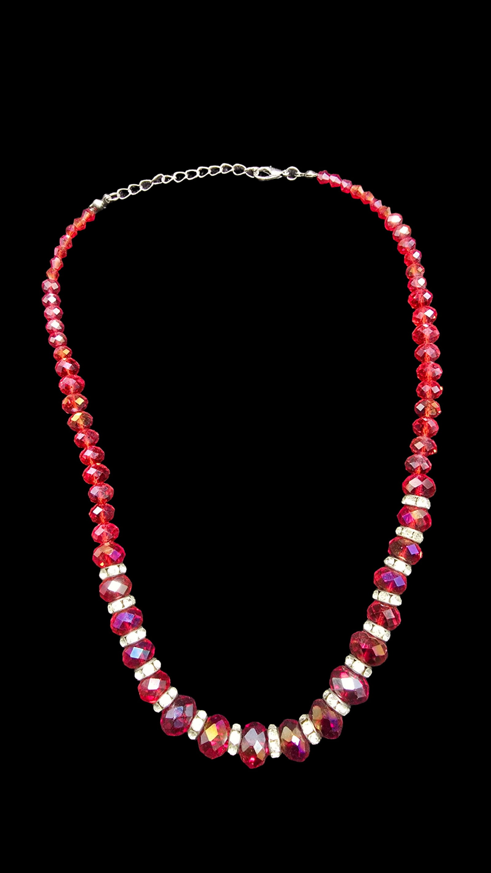 Stunning Vintage Sterling Silver & Red Crystal Beads Necklace: Very good antique condition with minor patina according to age. Measures approx. 18" long and weighs ca. 36 grams.