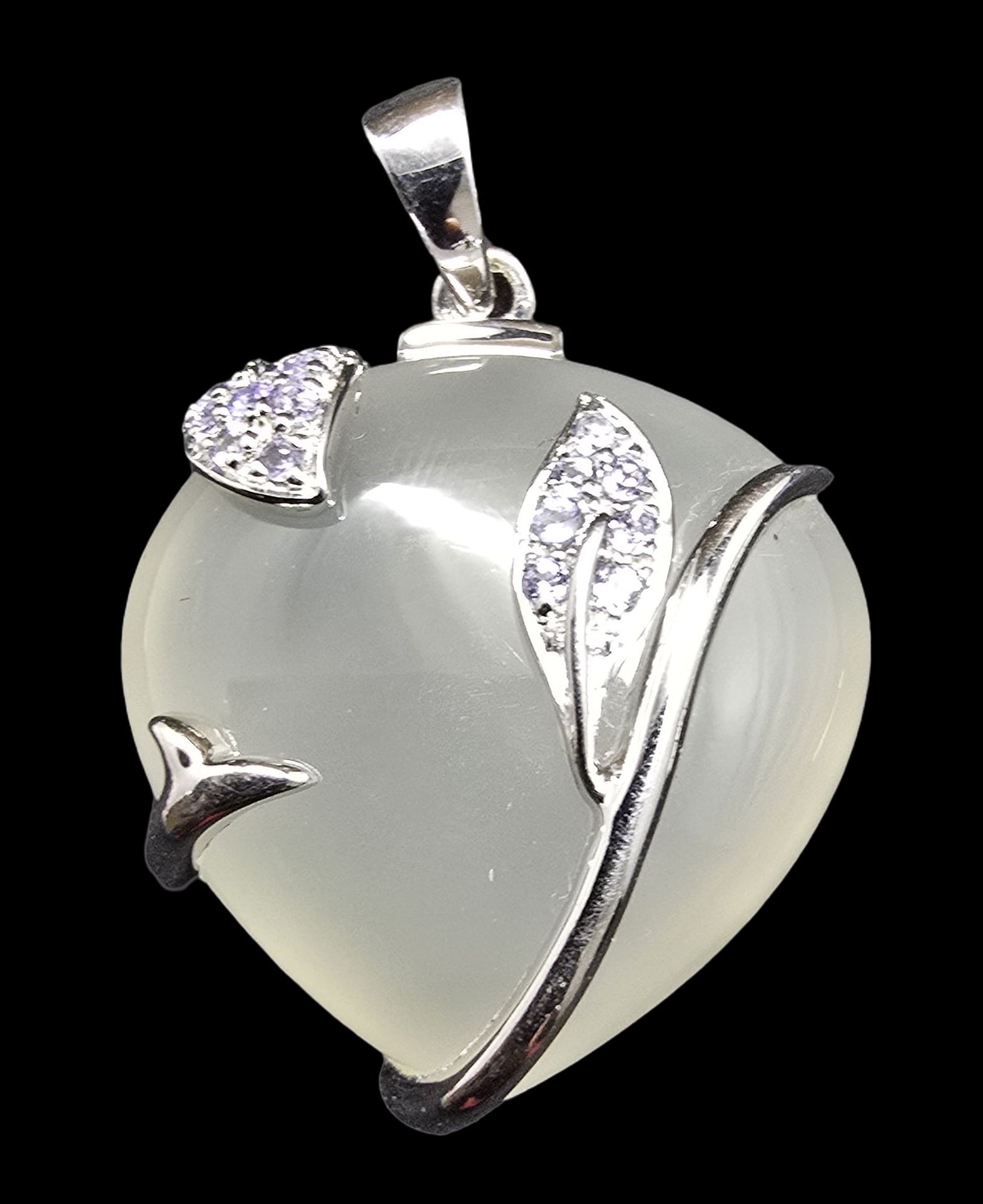 Gorgeous Vintage Sterling Silver, White Gemstone & Clear Rhinestone Pendant: Very good vintage condition with minor patina according to age. Measures approx. 1 1/2" long and 1" wide and weighs ca. 11 grams. Marked for Sterling Silver.