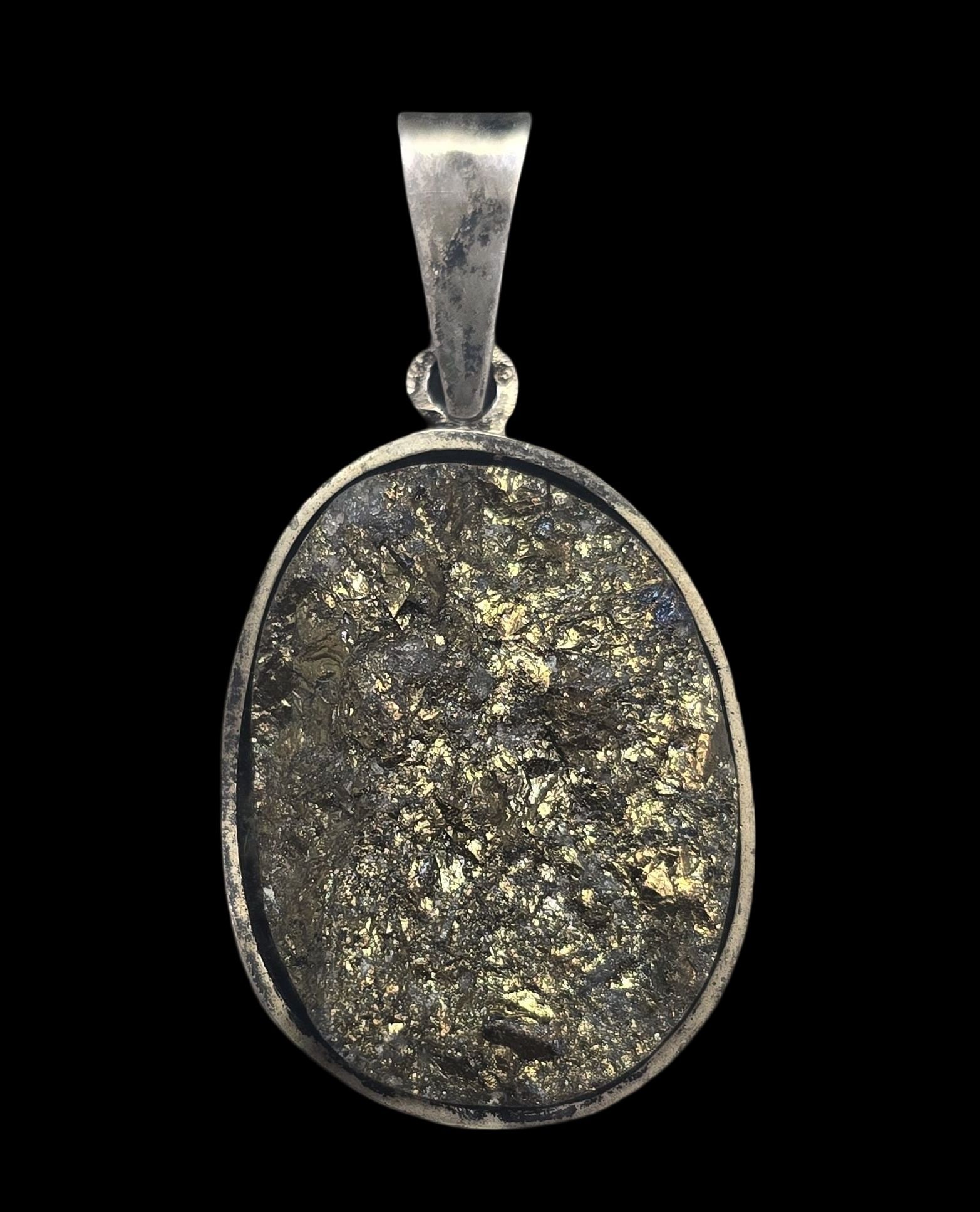 Vintage Mid-Century European 800 Silver & Pyrite Crystal Pendant: Very good vintage condition with minor patina and wear according to age. Measures approx. 2" high and 1" wide and weighs ca. 19.5 grams. Marked for 800 (80%) silver.