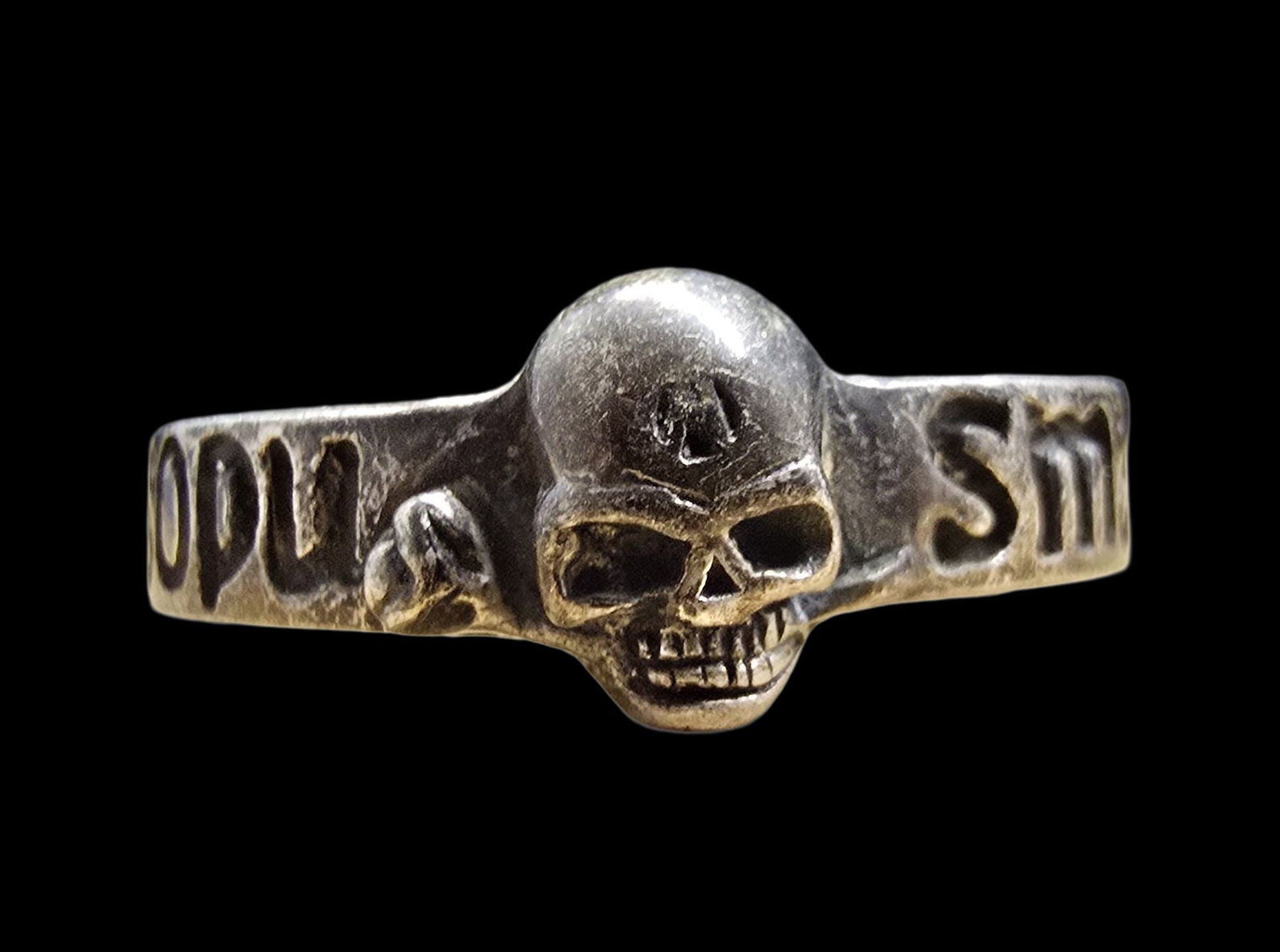Unusual Ornate Vintage European Sterling Silver Skull Ring: Very good vintage condition with minor patina according to age. The ring is a size 11 and weighs ca. 5.5 grams. Marked for Sterling Silver.