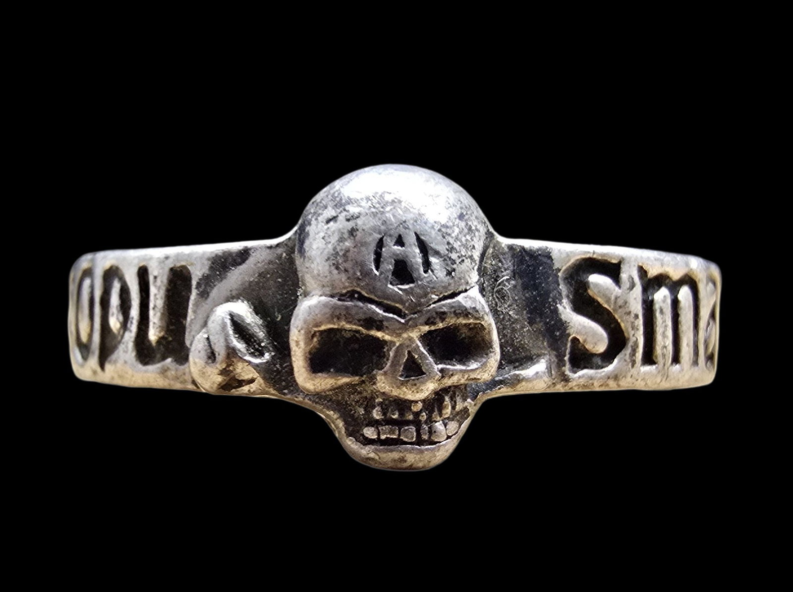 Unusual Ornate Vintage European Sterling Silver Skull Ring: Very good vintage condition with minor patina according to age. The ring is a size 12.5 and weighs ca. 5.5 grams. Marked for Sterling Silver.
