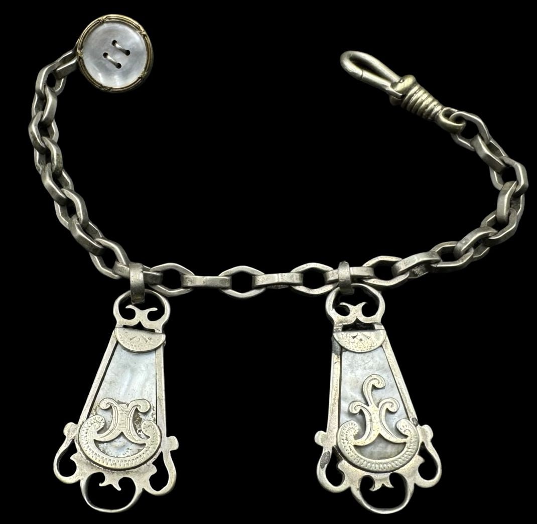 Ornate Vintage European 800 Silver Pocket Watch Chain & Two Pendants & One Button (1 of 2)