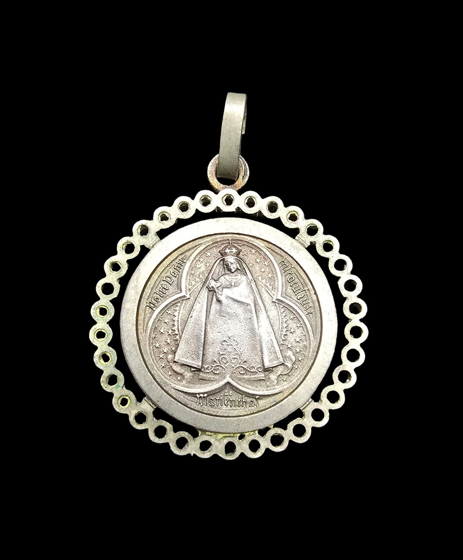 Amazing Vintage Sterling Silver Virgin Mary Religious Pendant: Very good vintage condition with minor patina according to age. Measures approx. 1" wide and weighs ca. 3.5 grams. Marked for Sterling Silver.