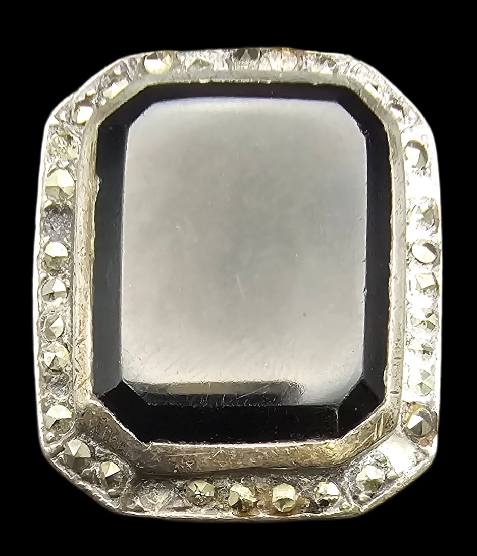 Massive Antique European 800 Silver, Marcasite & Black Gemstone Ring: Good antique condition with some patina and wear according to age; missing some Marcasites. Ring is a size 7 1/2 and weighs ca. ca. 13.4 grams. Tested for a minimum of 800 (80%) silver.