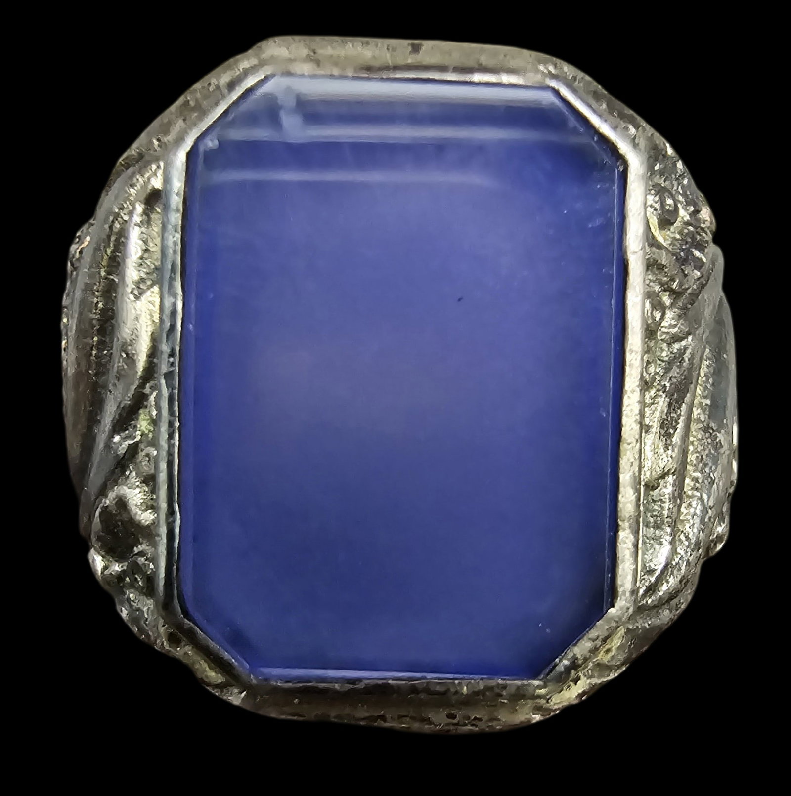 Very Unusual Vintage European 800 Silver & Blue Glass Stone Ring: Very good vintage condition with some patina and wear according to age. Ring is a size 9 and weighs ca. 9.4 grams. Tested for a minimum of 800 (80%) Silver.