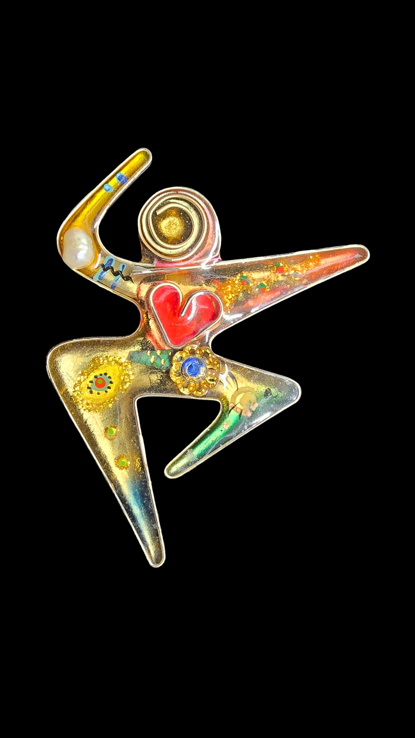 Gorgeous Vintage Israeli YOSSI STEINBERG Enamel & Gemstones Abstract Person Pin Brooch: Very good vintage condition with minor patina according to age. Measures approx. 3" high and 2" wide and weighs ca. 10 grams. Made in Israel.
