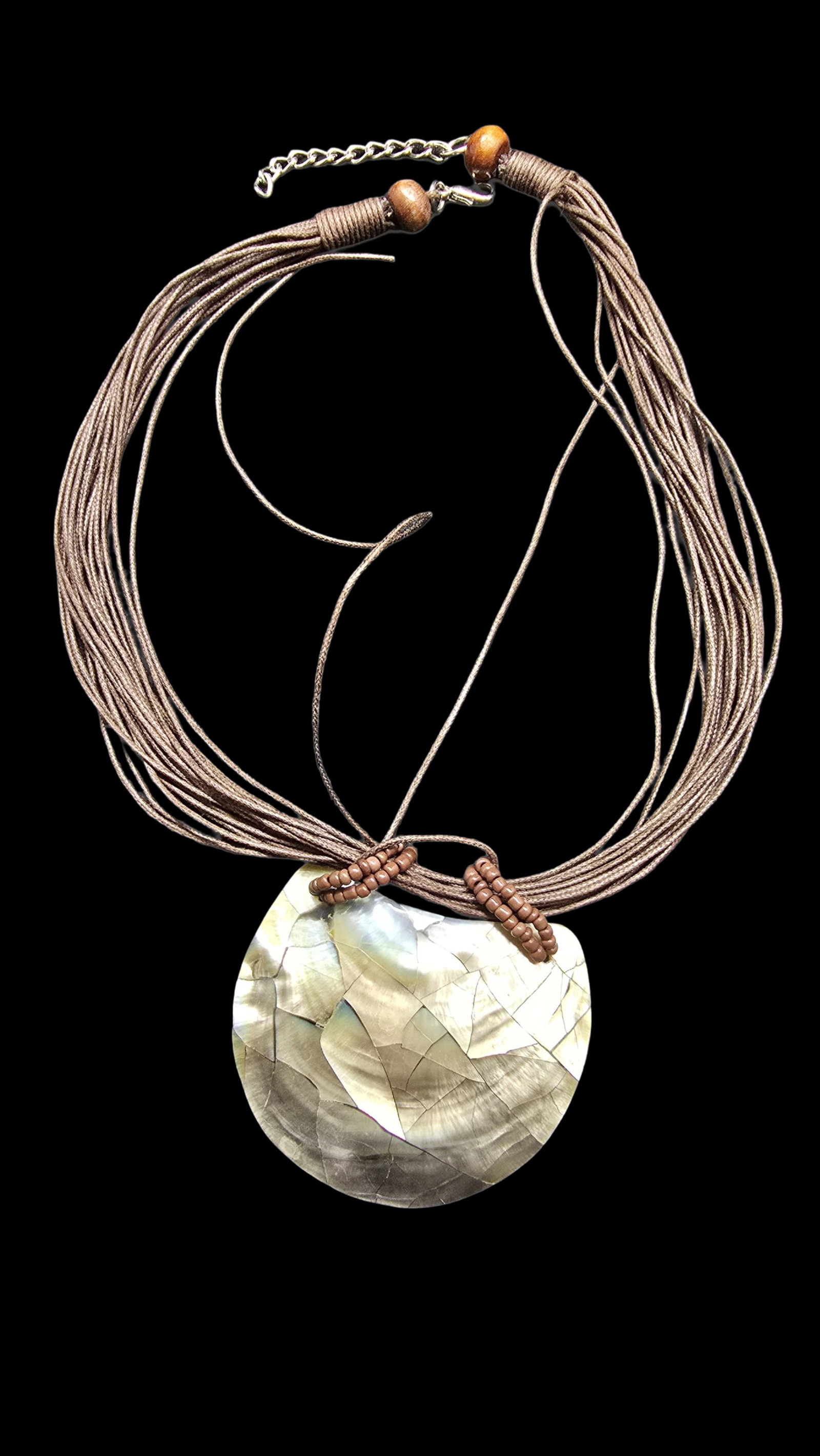 Beautiful Vintage Leather Strap & Mother Of Pearl Pendant Necklace: Very good vintage condition with minor patina according to age. Pendant measures approx. 2 1/2" wide and total weight is ca. 35 grams. Necklace is 17" long.