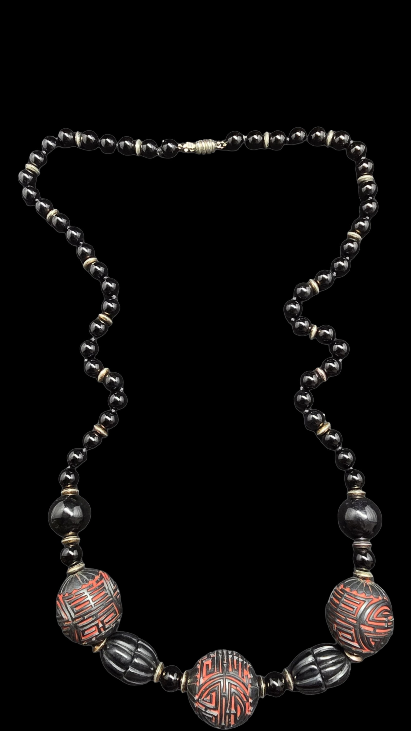 Amazing Vintage Asian Black & Red Lacquer Carved Beads /w Chinese Shou Symbol Necklace (1 of 3)