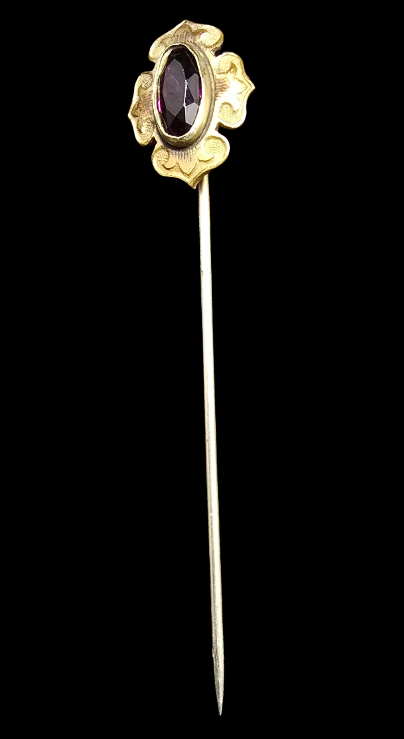 Gorgeous Ornate Antique Gold Filled Gemstone Pin: Very good antique condition with minor patina according to age. Weighs ca. 1.5 grams.