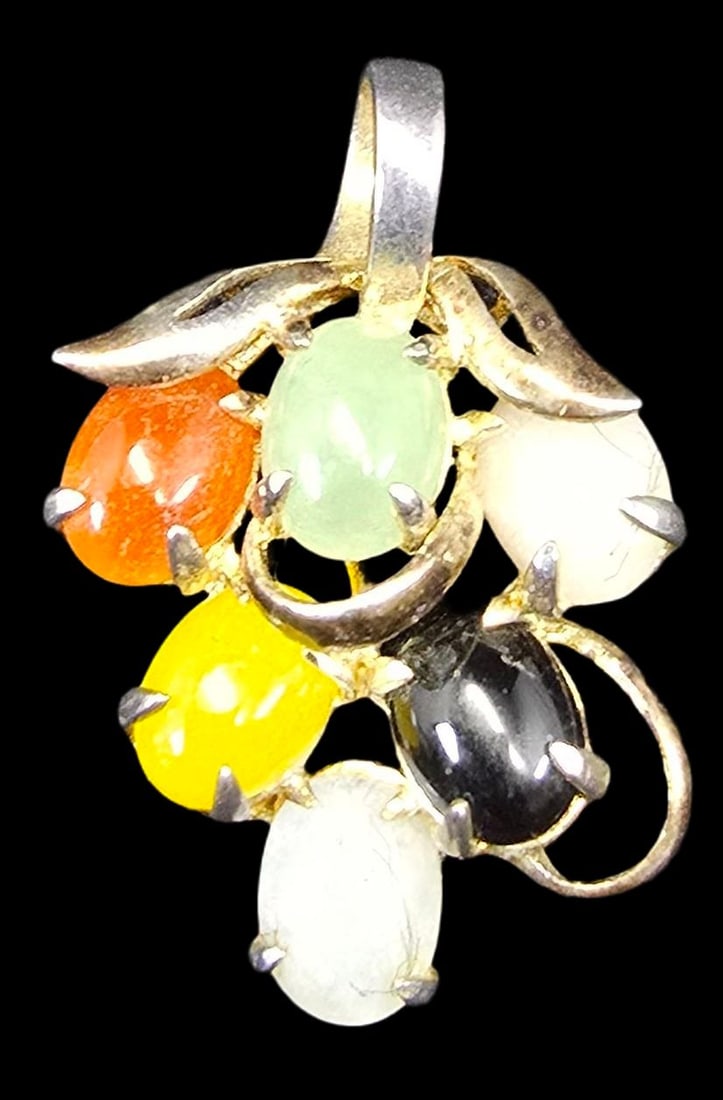 Whimsical Vintage Sterling Silver Multi-Color Gemstone Grape Pendant Charm: Very good vintage condition with minor patina and wear according to age. Measures approx. 1" high and weighs ca. 4.5 grams. Marked.