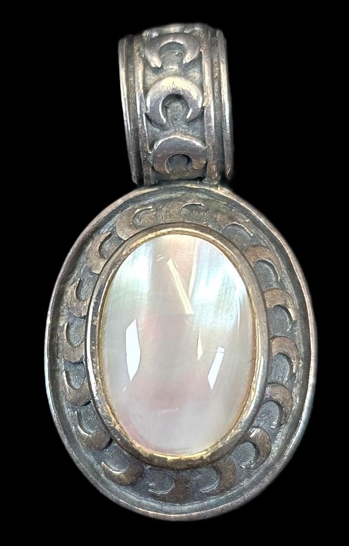 Vintage Mid-Century Sterling Silver & Oval White Gemstone Pendant: Very good vintage condition with minor patina and wear according to age. Measures 8" high and weighs ca. 8 grams
