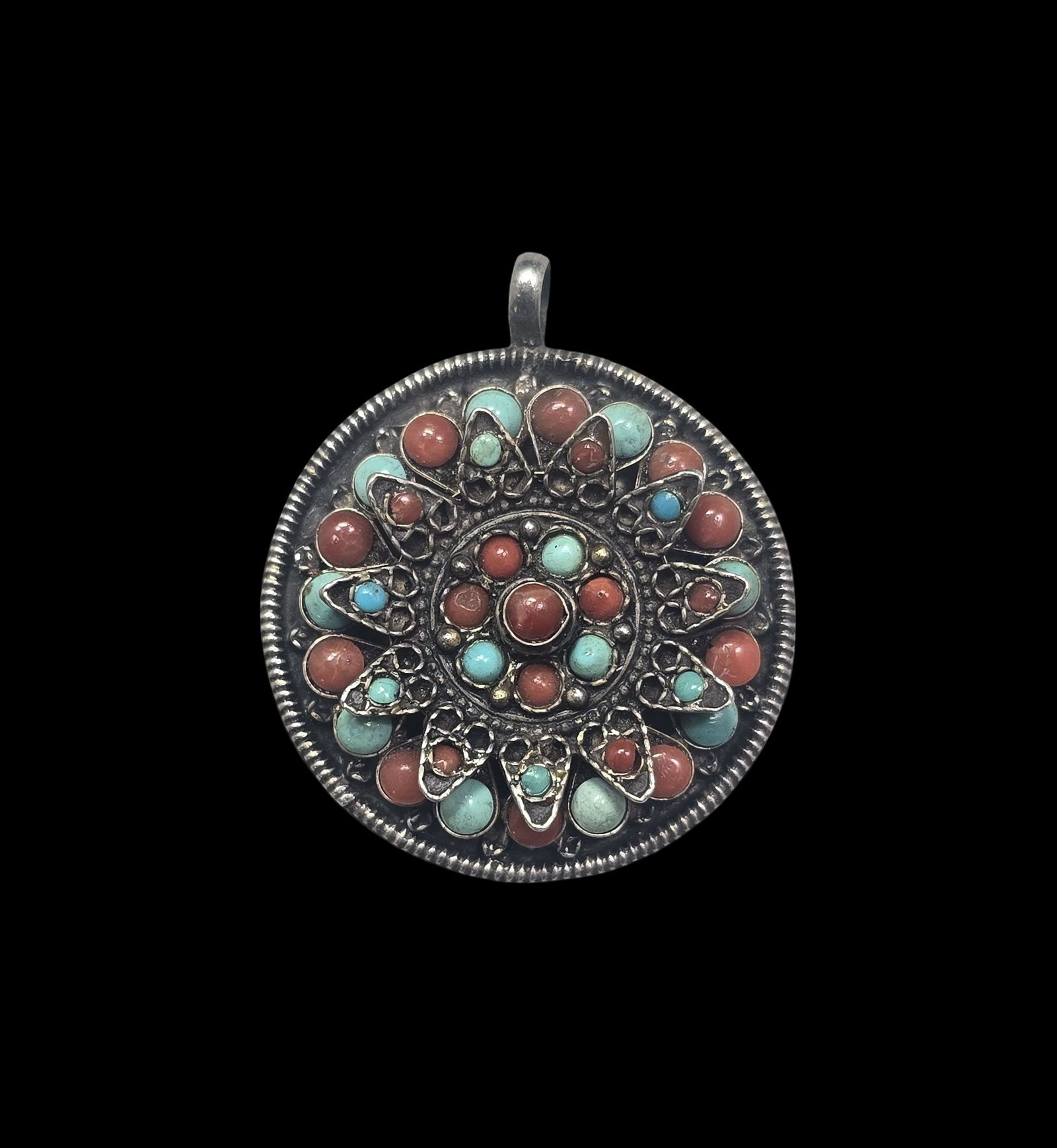Vintage Sterling Silver, Turquoise & Red Coral Pendant: Very good vintage condition with minor patina and wear according to age. Measures approx. 2" high x 1 1/2" wide and weighs ca. 18 grams. Marked for Sterling Silver..